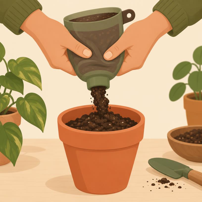Hands squeezing soil from the squeeze cup into the colored pot