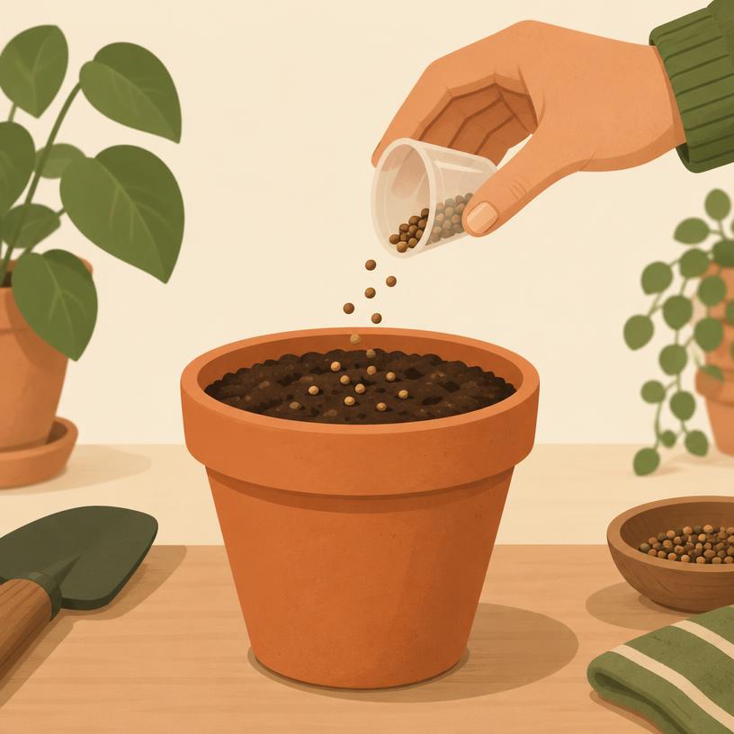 A hand sprinkling seeds from the tiny cup onto the soil