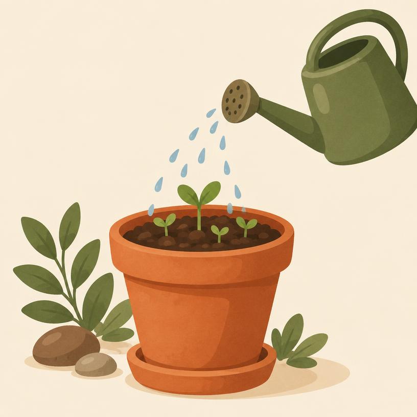 A watering can sprinkling water on small green sprouts in the pot